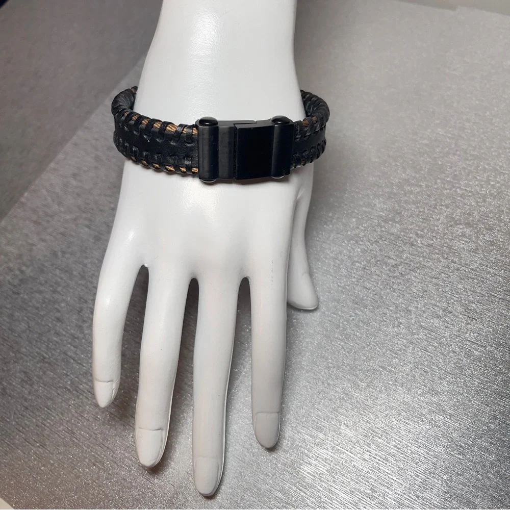 INOX Black Leather & Woven Gold Stainless Steel Cable Bracelet w/Magnetic Clasp